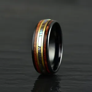 Black Ceramic Abalone Shell Koa Wood Men's Wedding Band 8MM