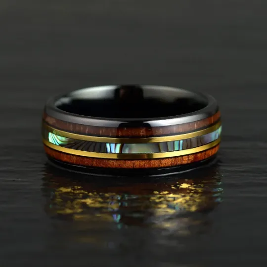 Black Ceramic Abalone Shell Koa Wood Men's Wedding Band 8MM