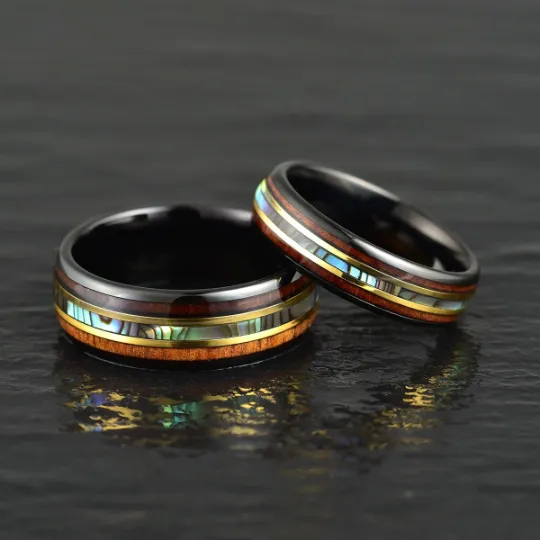 Black Ceramic Abalone Shell Koa Wood Men's Wedding Band 8MM