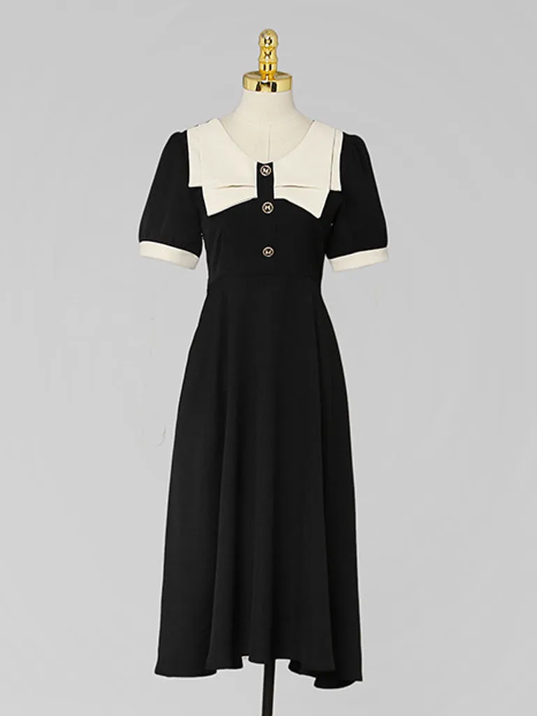 Black Dress With White Bow Collar Vintage 1950S Hepburn Style Outfits Vintage Dress