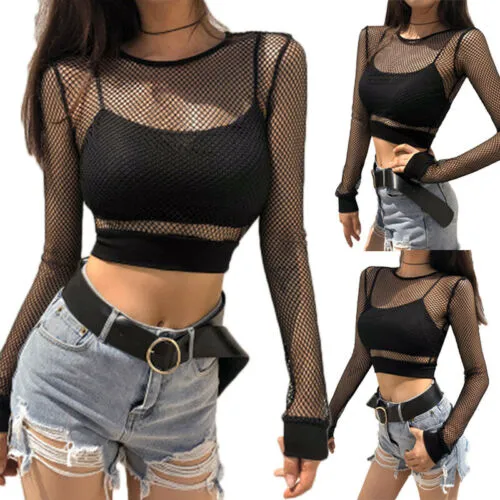 Black Mesh Ladies Long Sleeve O-neck Tranparent Blouse Sexy Shirt