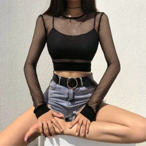 Black Mesh Ladies Long Sleeve O-neck Tranparent Blouse Sexy Shirt