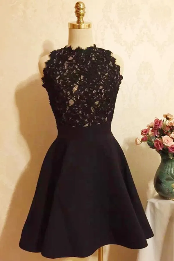 Black Strapless Halter Homecoming Dress With Appliques, Short Prom Dress, MH124