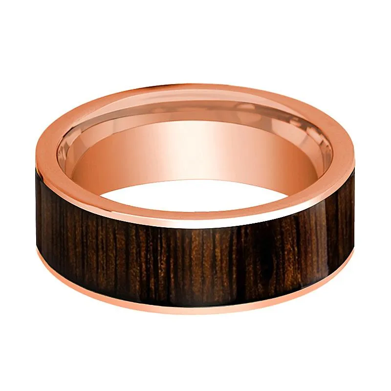 Black Walnut Wood Inlay Men's 14k Rose Gold Wedding Band Flat Polished - 8MM