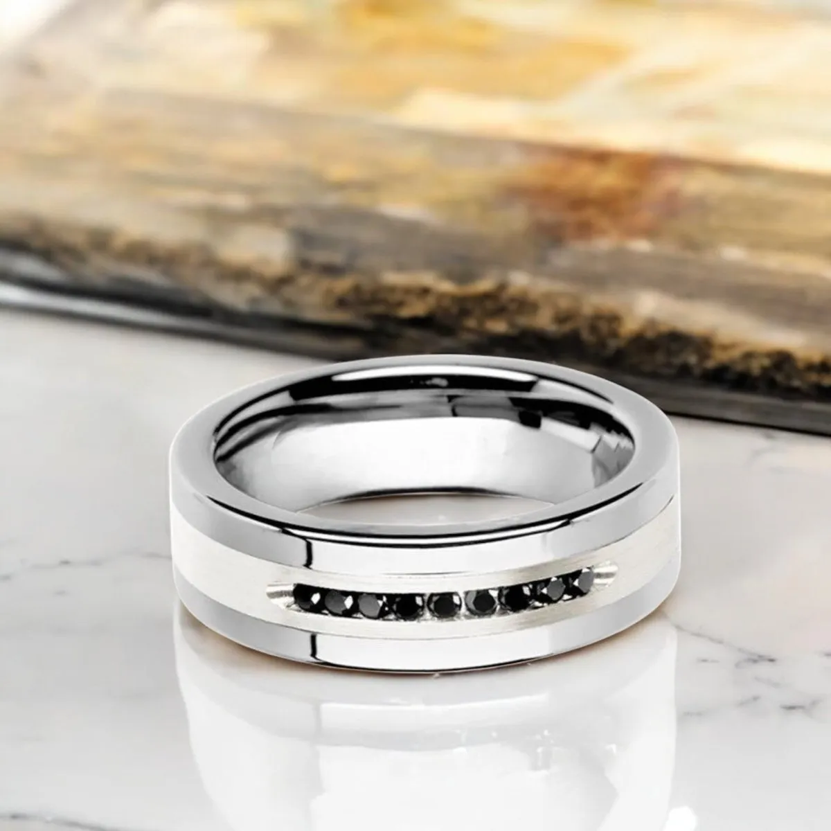 BLACKSTONE | Silver Tungsten Ring, Sterling Inlay, Black Diamonds, Flat