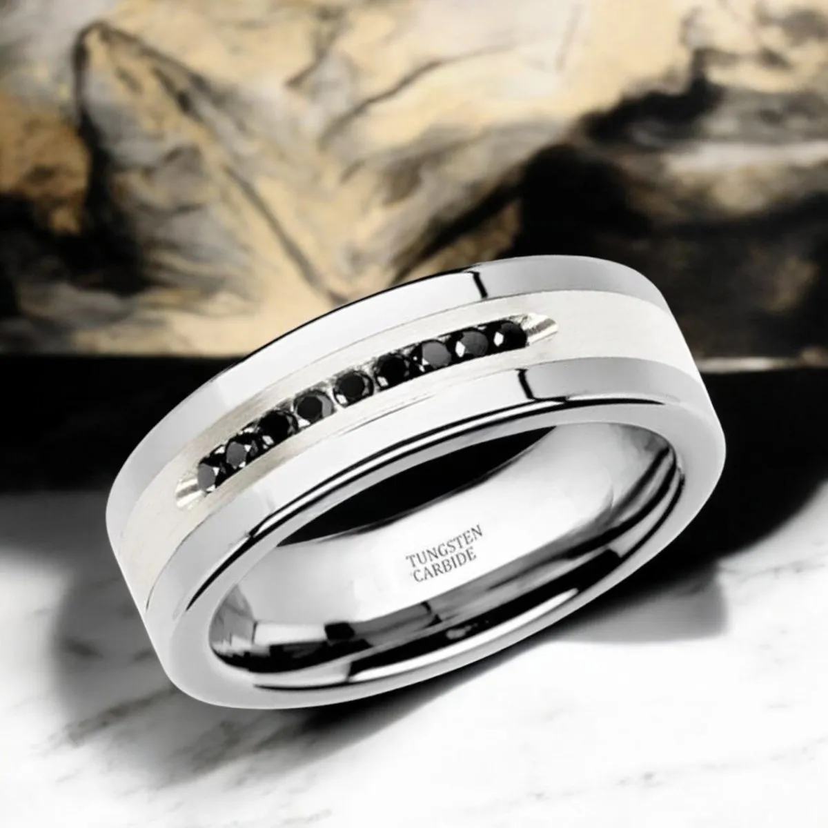 BLACKSTONE | Silver Tungsten Ring, Sterling Inlay, Black Diamonds, Flat