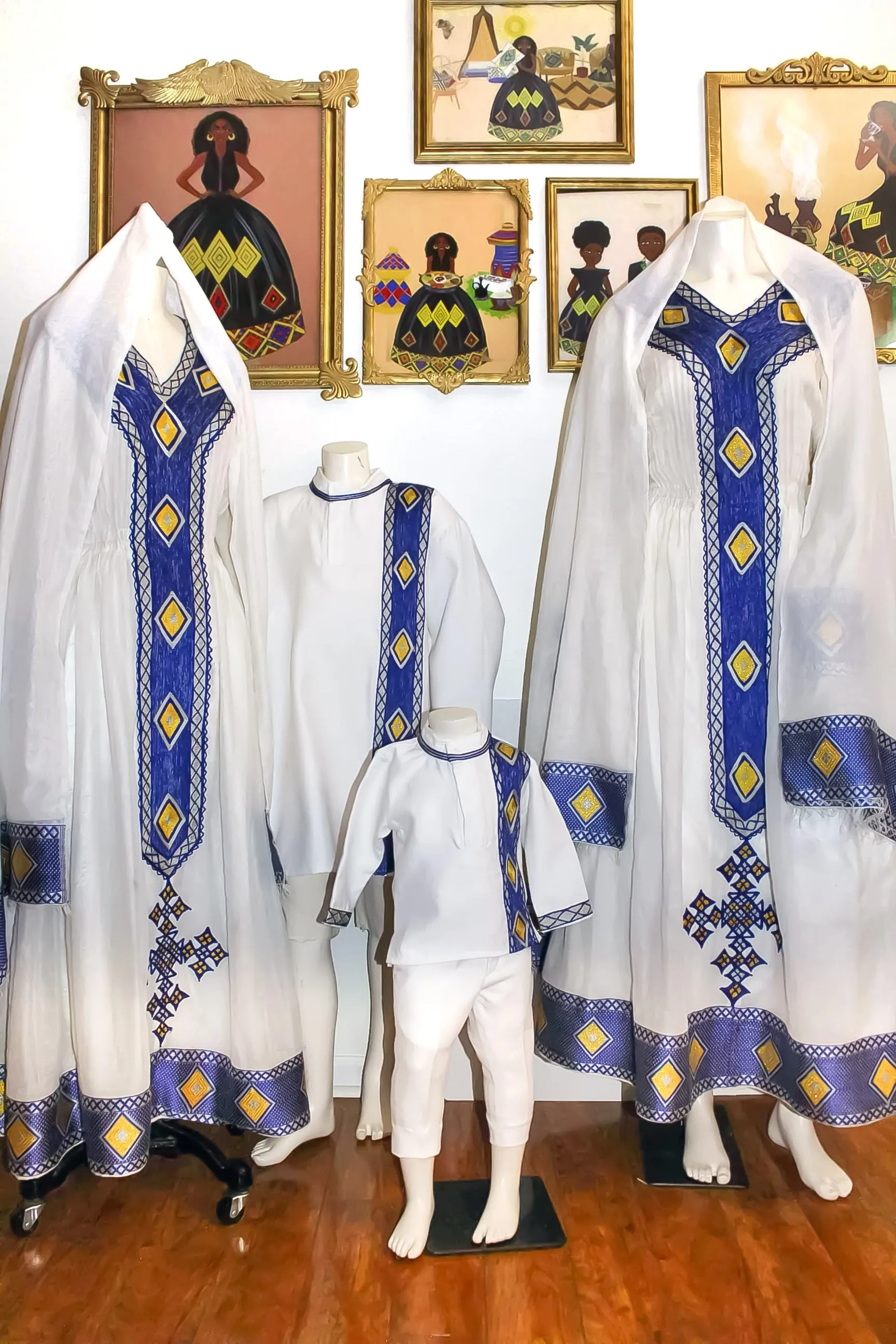 Blue Ethiopian Dress, Family Matching Set Zuria Habesha Kemis Perfect for Baptism Celebration, Meskel Embroidered Ethiopian Traditional Clothes Habesha Dress