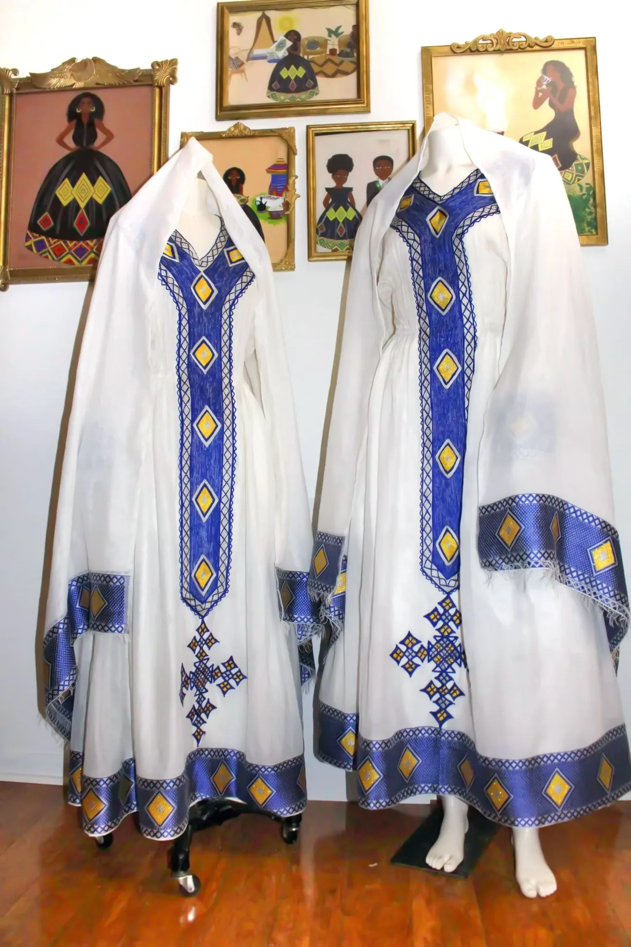 Blue Ethiopian Dress, Family Matching Set Zuria Habesha Kemis Perfect for Baptism Celebration, Meskel Embroidered Ethiopian Traditional Clothes Habesha Dress