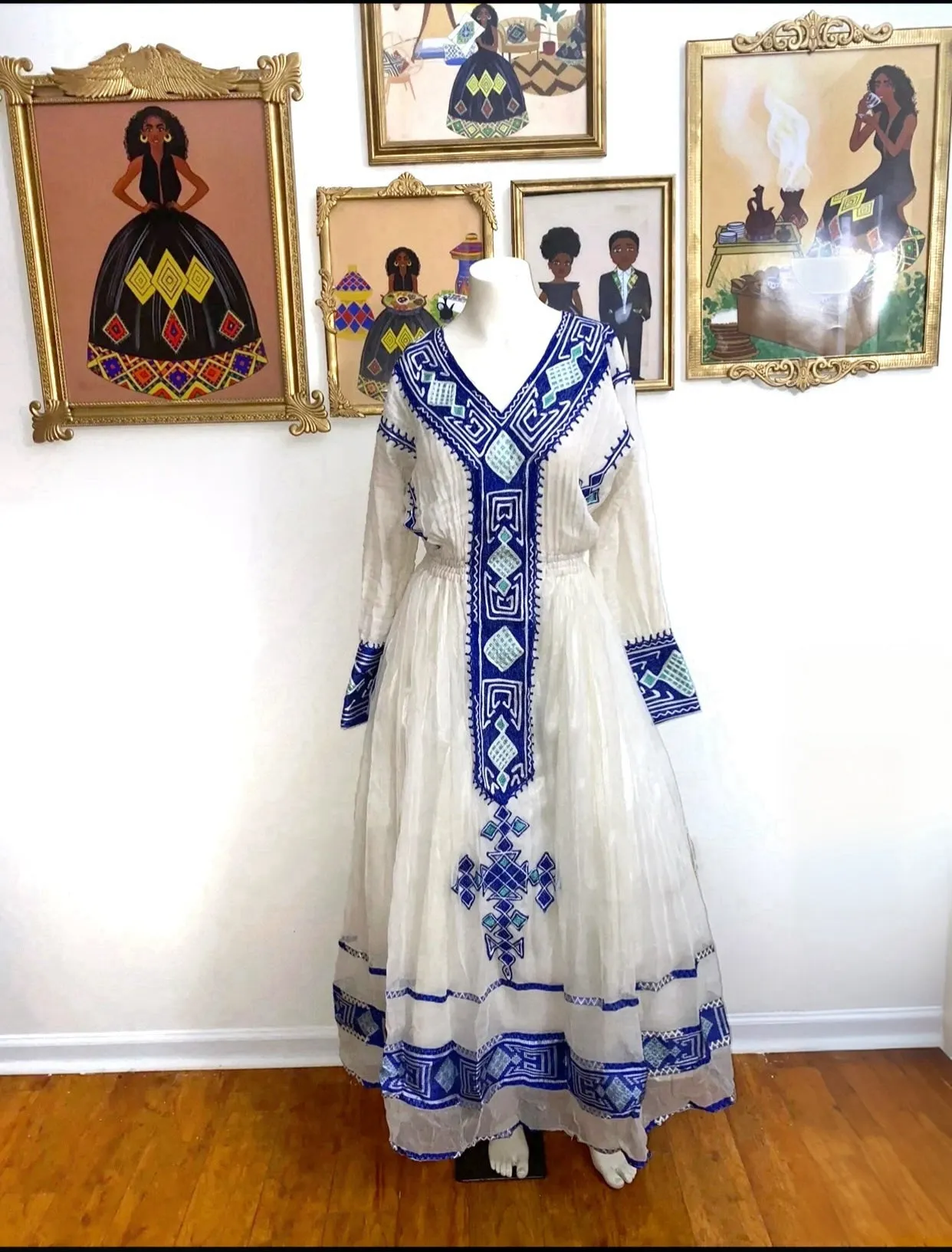 Blue Ethiopian Dress, Gondar Style Zuria Habesha Kemis, Matching Couple’s Set Traditional Clothes