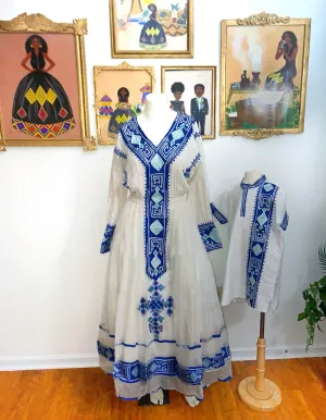 Blue Ethiopian Dress, Gondar Style Zuria Habesha Kemis, Matching Couple’s Set Traditional Clothes