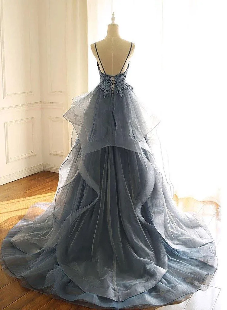 Blue Gray Lace V Neck Long Ruffles Prom Dress Organza Evening Dress  PSK016