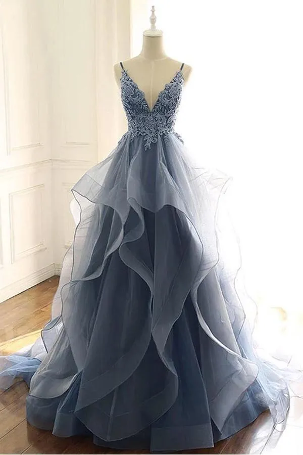 Blue Gray Lace V Neck Long Ruffles Prom Dress Organza Evening Dress  PSK016