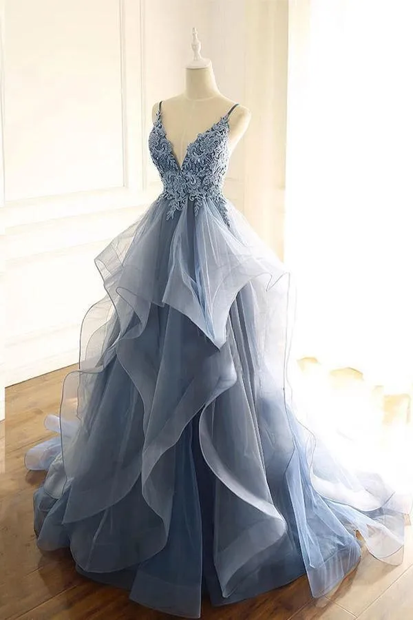Blue Gray Lace V Neck Long Ruffles Prom Dress Organza Evening Dress  PSK016