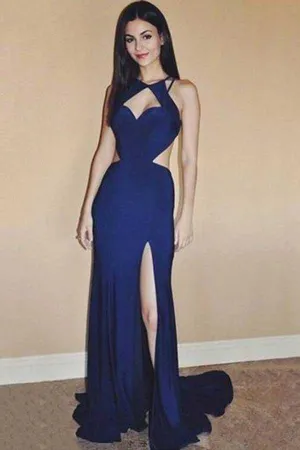 Blue Halter Backless Chiffon Long Prom Dress with Slit, Long Party Dress, MP131
