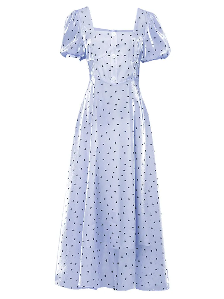Blue Polka Dots Puff Sleeve Vintage Style 1950S Dress