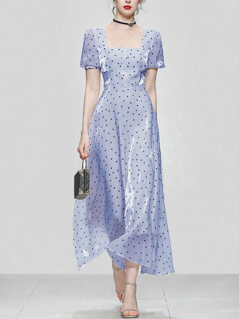 Blue Polka Dots Puff Sleeve Vintage Style 1950S Dress