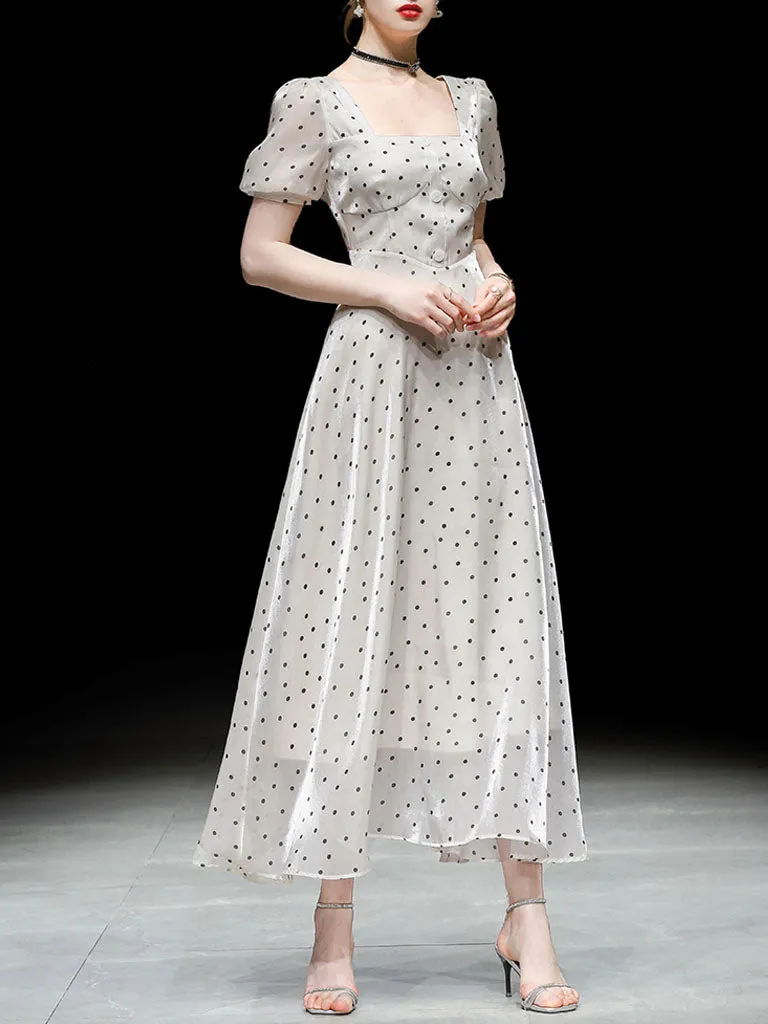 Blue Polka Dots Puff Sleeve Vintage Style 1950S Dress