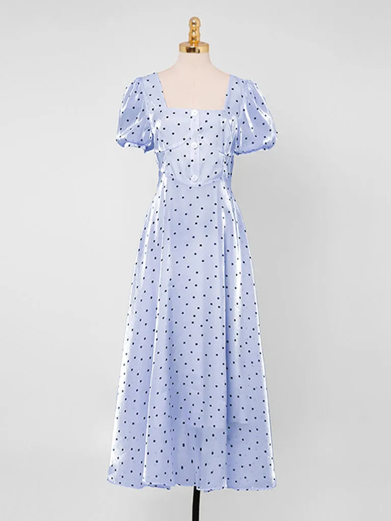 Blue Polka Dots Puff Sleeve Vintage Style 1950S Dress