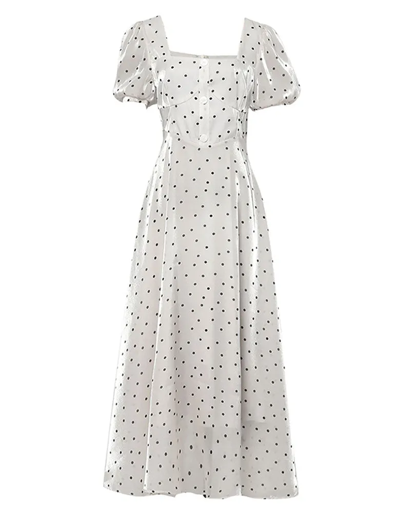 Blue Polka Dots Puff Sleeve Vintage Style 1950S Dress