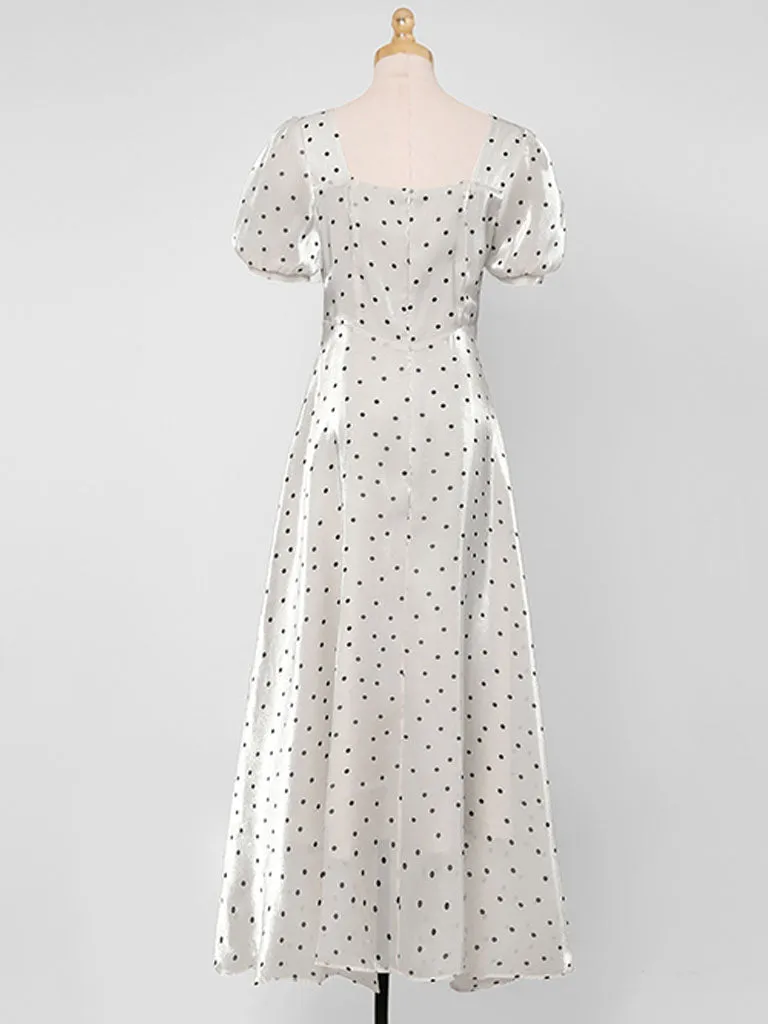 Blue Polka Dots Puff Sleeve Vintage Style 1950S Dress
