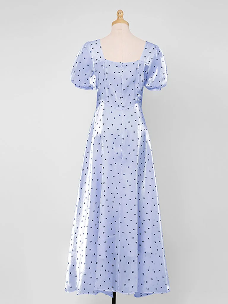 Blue Polka Dots Puff Sleeve Vintage Style 1950S Dress