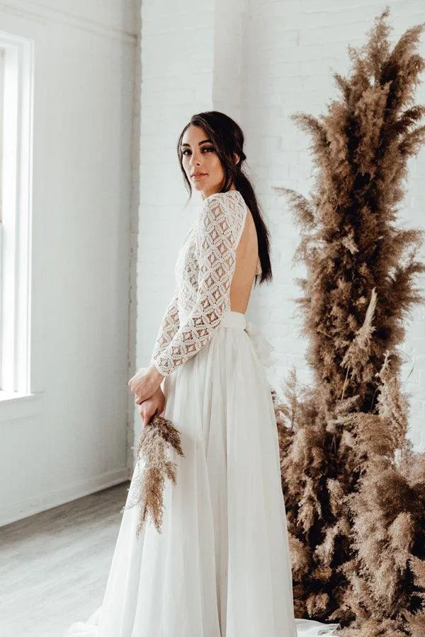 Boho Wedding Dresses Jewel Neck Lace A Line Long Sleeves Bridal Gown TN309