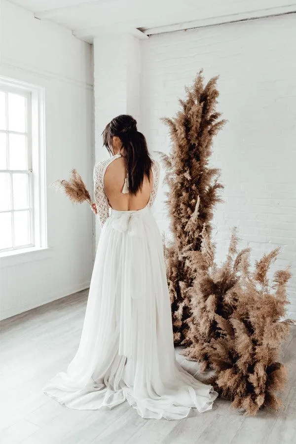Boho Wedding Dresses Jewel Neck Lace A Line Long Sleeves Bridal Gown TN309