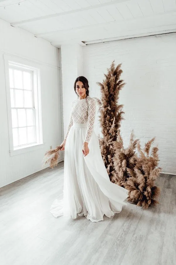 Boho Wedding Dresses Jewel Neck Lace A Line Long Sleeves Bridal Gown TN309