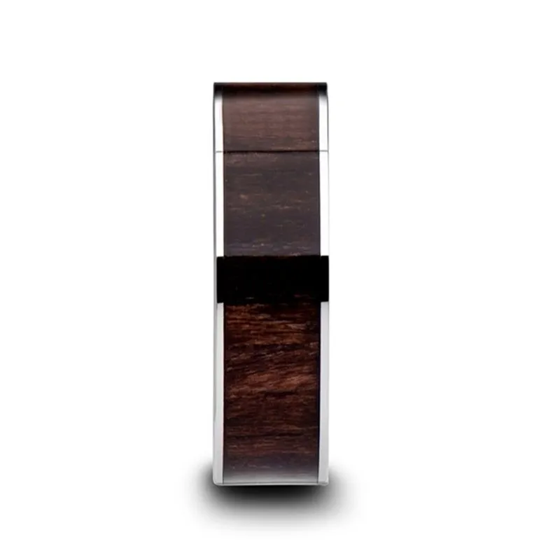 BOKKEN Flat Tungsten Wedding Band with Black Walnut Wood Inlay & Polished Edges