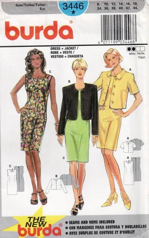 Burda 3446 EASY Womens Sheath Dress & Jacket 1990s Vintage Sewing Pattern Sizes 8 - 18 UNCUT Factory Folded