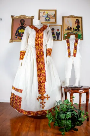 Burgundy Ethiopian Dress, Vibrant Zuria Habesha Kemis, Mother and Son Matching Set Habesha Dress perfect for Ethiopian & Eritrean Baptism Celebration.