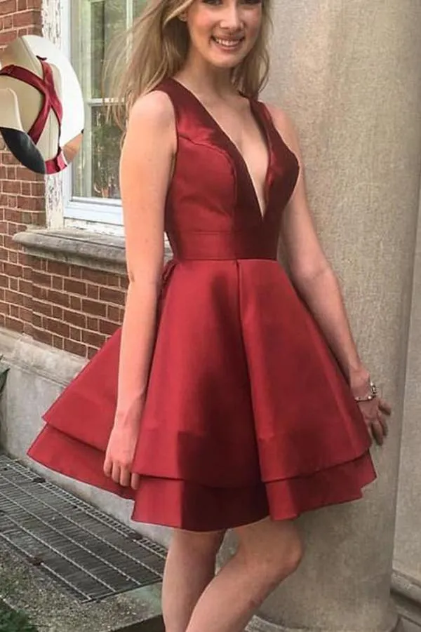 Burgundy Satin A-line V-neck Neckline Homecoming Dresses With Pleats, MH289