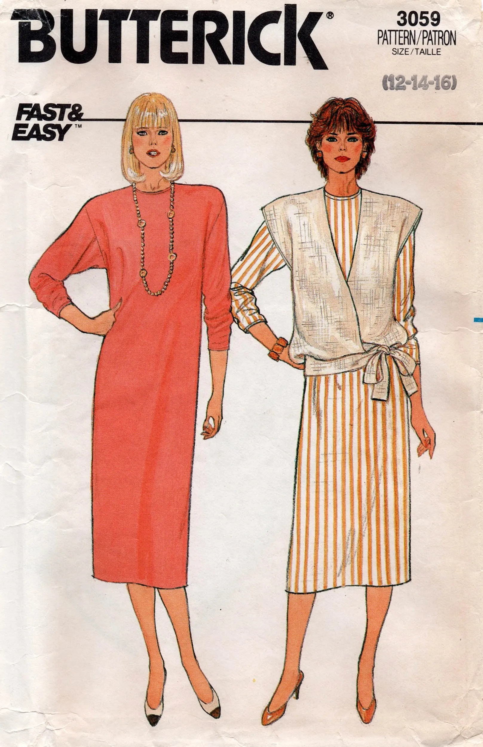 Butterick 3059 Womens EASY Straight Dress & Tie Front Vest 1980s Vintage Sewing Pattern Size 12 - 16