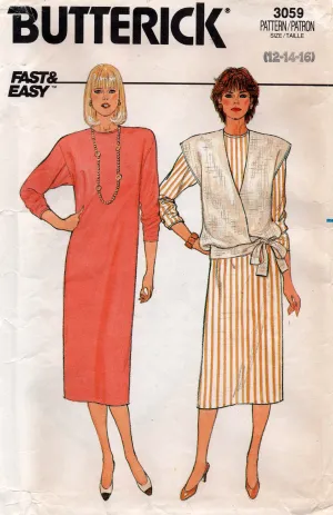 Butterick 3059 Womens EASY Straight Dress & Tie Front Vest 1980s Vintage Sewing Pattern Size 12 - 16