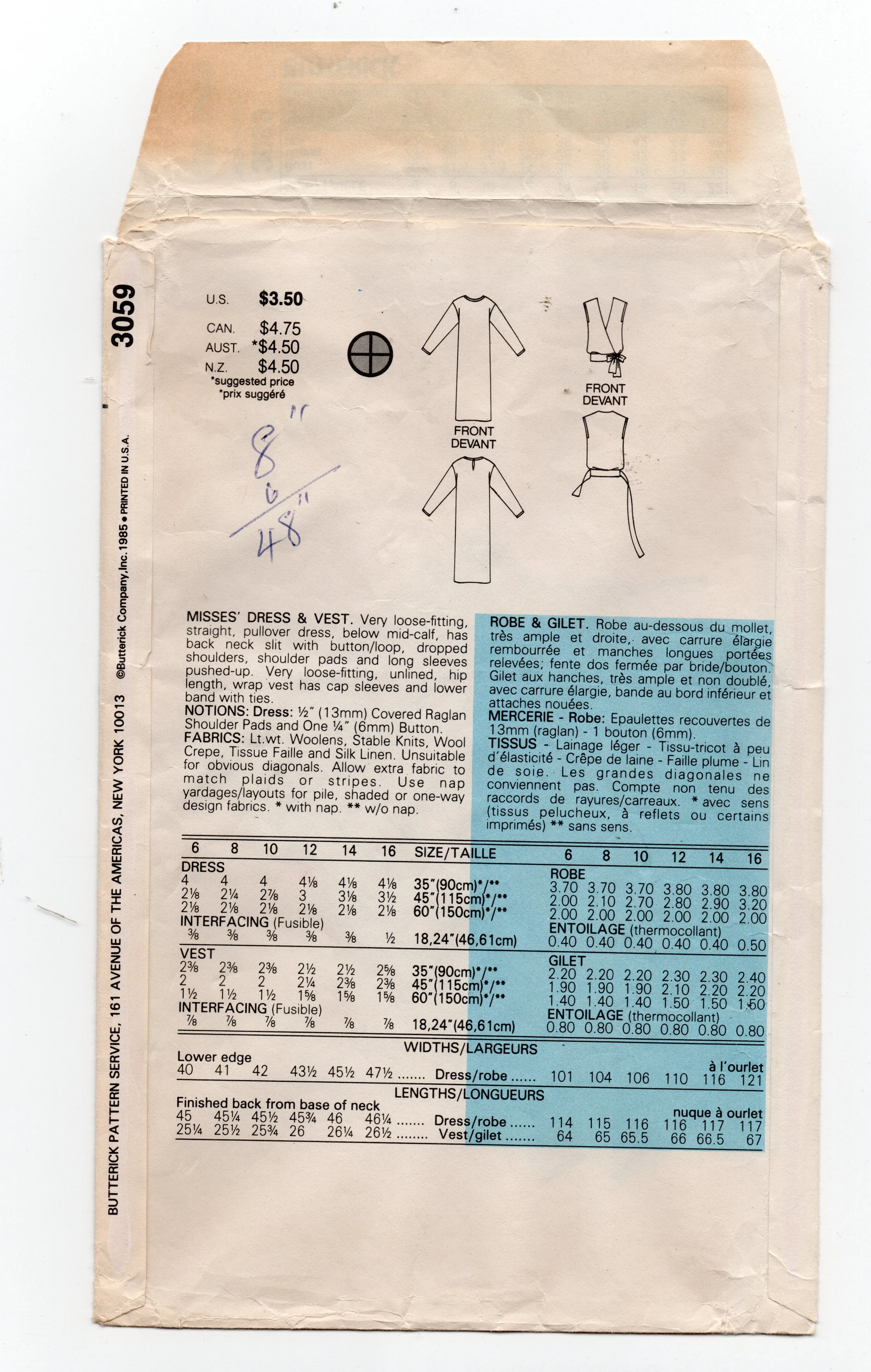 Butterick 3059 Womens EASY Straight Dress & Tie Front Vest 1980s Vintage Sewing Pattern Size 12 - 16