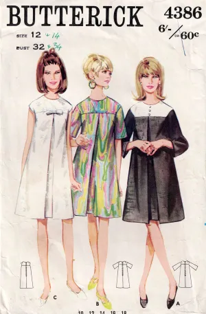 Butterick 4386 Womens Yoked Tent Dress with Inverted Pleat 1960s Vintage Sewing Pattern Size 12 Bust 32 inches