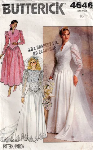 Butterick 4646 Womens Puffy Sleeved Wedding Dress With Optional Train 1980s Vintage Sewing Pattern Size 16 Bust 38 inches