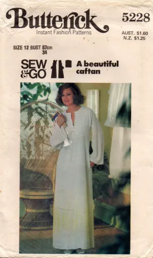 Butterick 5228 Womens Easy Pullover Maxi Caftan 1970s Vintage Sewing Pattern Size 12 Bust 34 inches UNCUT Factory Folded
