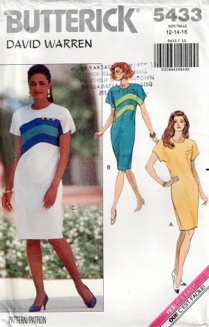 Butterick 5433 DAVID WARREN Womens Colour Block Dress 1990s Vintage Sewing Pattern Size 12 - 16 UNCUT Factory Folded