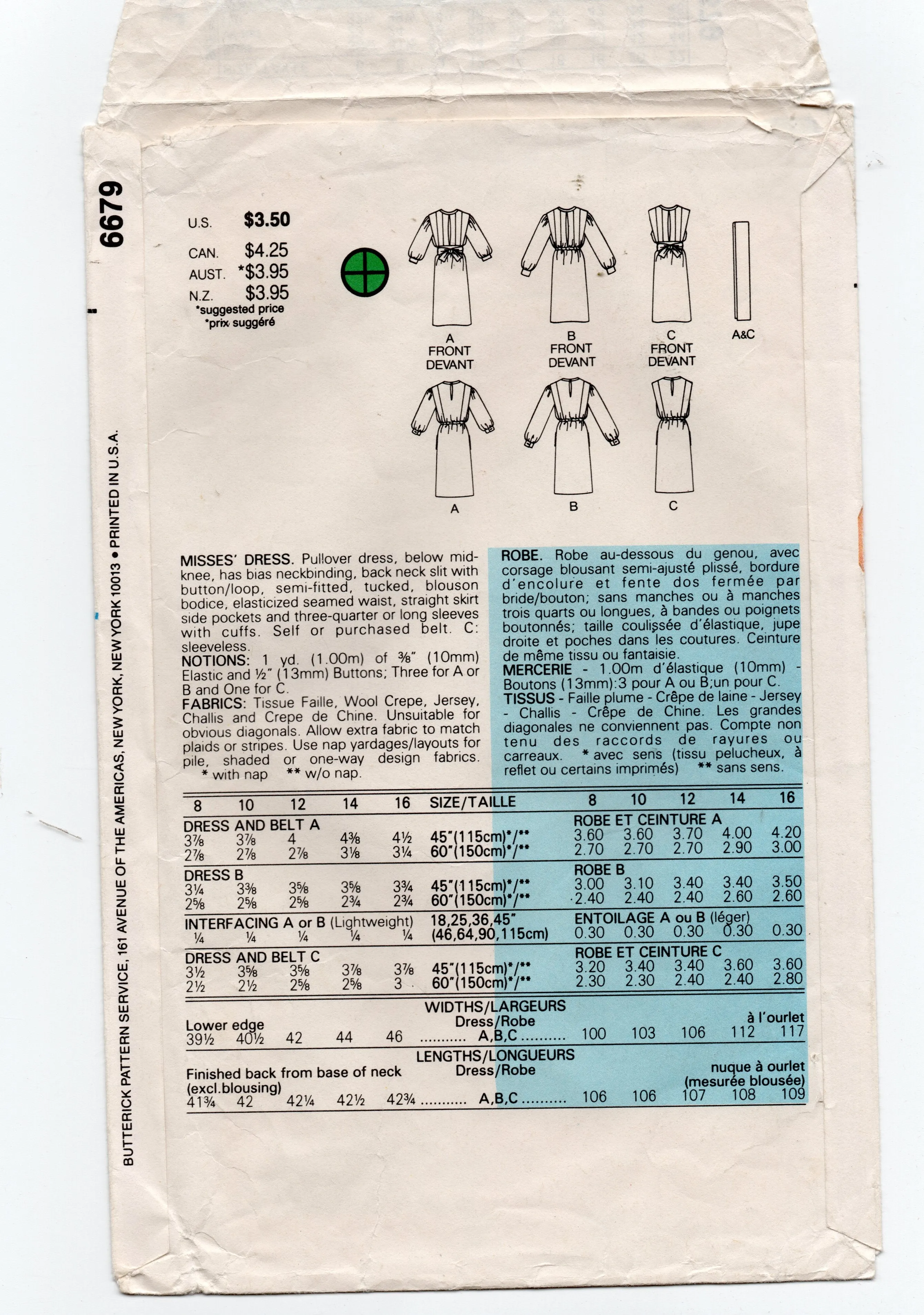 Butterick 6679 Womens Pullover Tuck Front Dress 1980s Vintage Sewing Pattern Size 10 Bust 32 1/2 inches