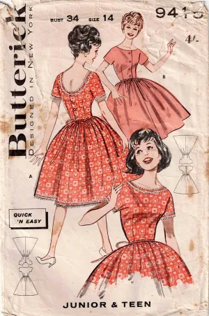 Butterick 9415 EASY Full Skirt Dress 1960s Vintage Sewing Pattern Size 14 Bust 34 inches UNUSED Factory Folded