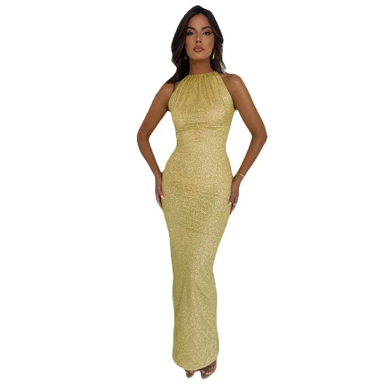 Celestia Glitter Halter Tie-Back Bodycon Maxi Dress