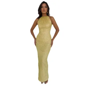 Celestia Glitter Halter Tie-Back Bodycon Maxi Dress