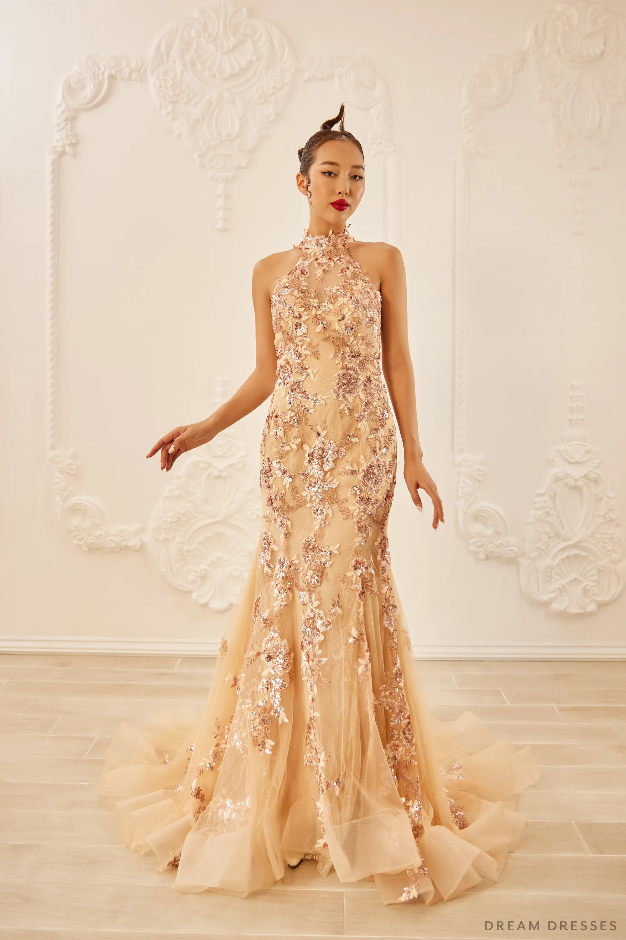 Champagne Bridal Cheongsam | Couture Lace Modern Cheongsam (#JENA)