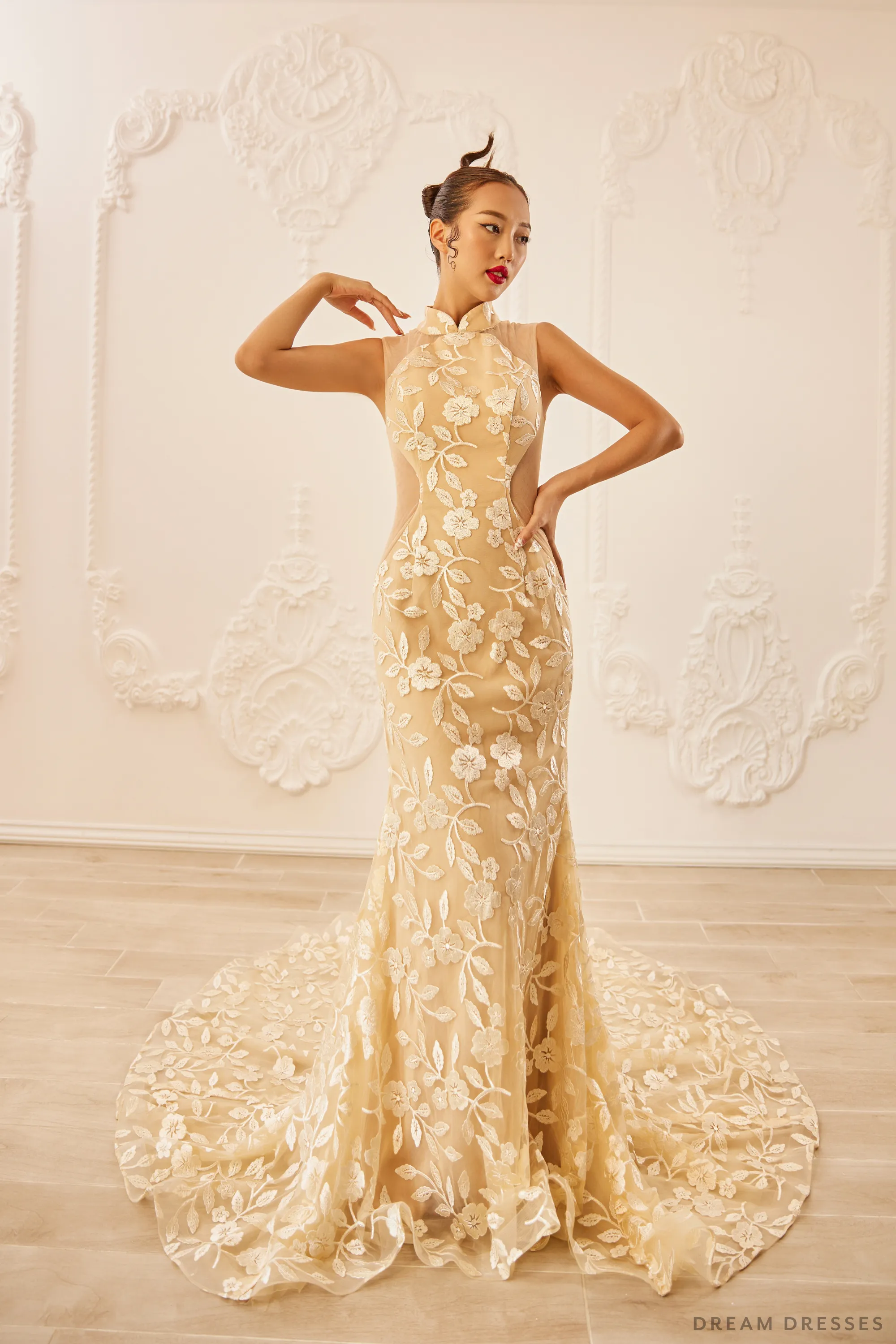 Champagne Bridal Cheongsam | Couture Lace Modern Cheongsam  (#LUNA)