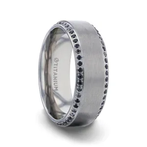 CHAMPION Flat Brushed Center Titanium Men's Wedding Band with Black Sapphire Polished Beveled Edges