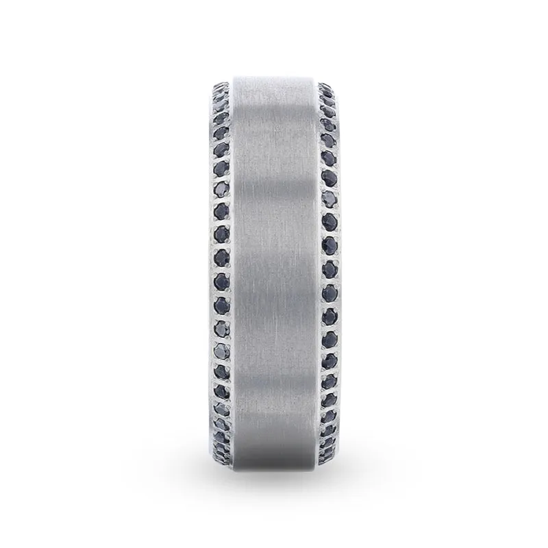 CHAMPION Flat Brushed Center Titanium Men's Wedding Band with Black Sapphire Polished Beveled Edges
