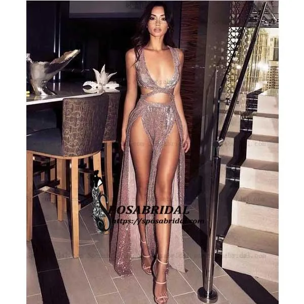 Charming A-Line Sexy Sequin Sparkly Rose Gold Split Modest Party Prom Dresses, PD0900