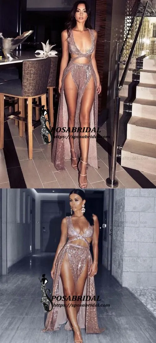 Charming A-Line Sexy Sequin Sparkly Rose Gold Split Modest Party Prom Dresses, PD0900