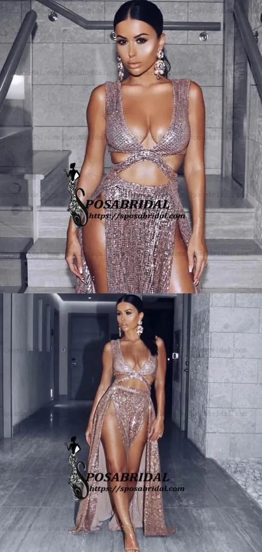 Charming A-Line Sexy Sequin Sparkly Rose Gold Split Modest Party Prom Dresses, PD0900